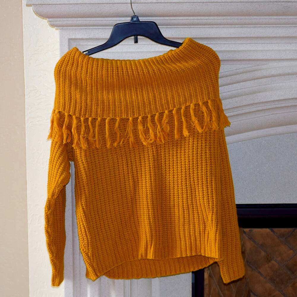 Cristina Vintage Mustard Yellow Fringe Off-the-Shoulder Knit Sweater Size M